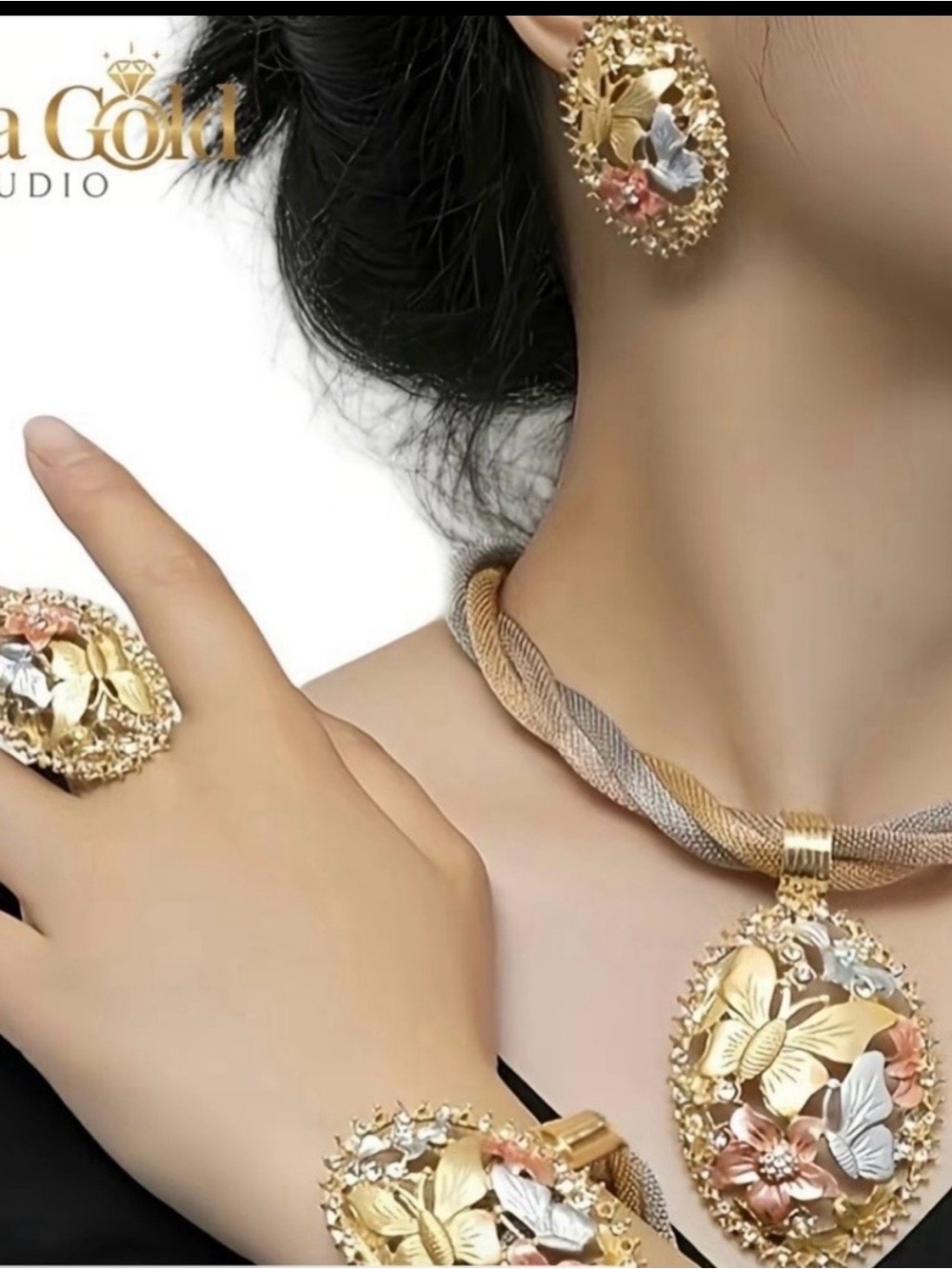 LuviaGold Tri-Tone Floral Pendant Necklace Set - Pink, Gold, Silver
